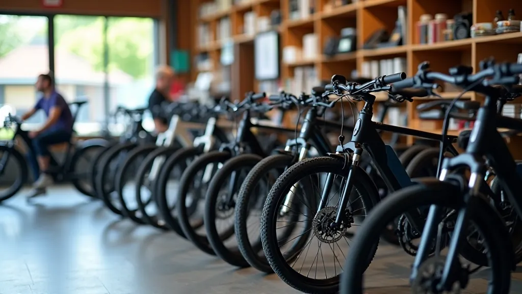 Dažādi velosipēdu tipi rindā, parādot hibrīdu, tūrisma un elektrisko velosipēdu modeļus