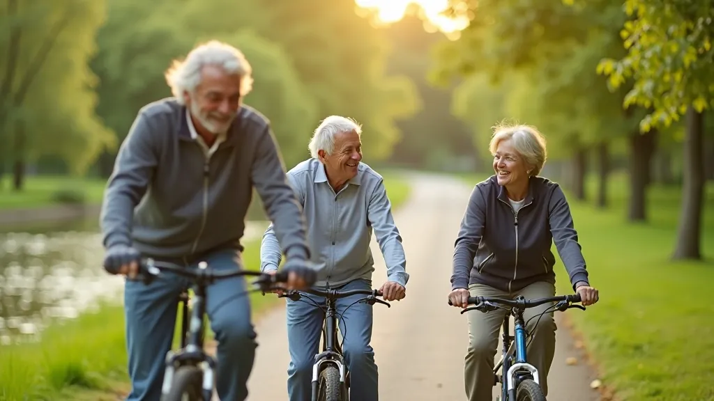 Trīs seniori uz velosipēdiem smaida un runā, stāvot uz Lielupes krasta parka ceļa