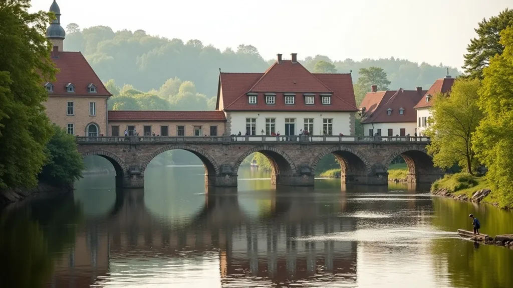 Vecumnieku rajonā Lielupes krastā ar vēsturisko tiltu, tradicionāls tilts un upi