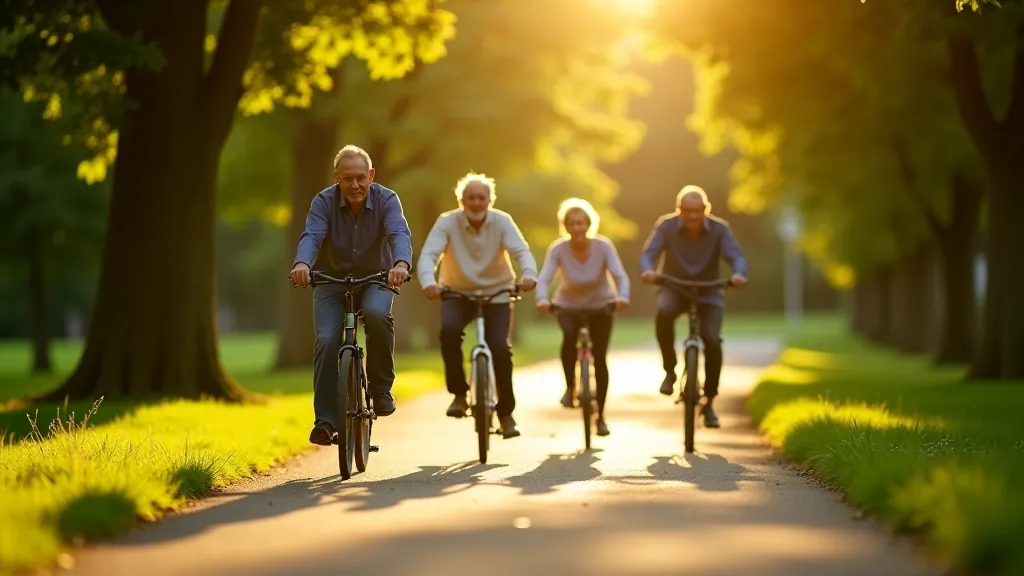 Seniori uz velosipēdiem pārvietojās pa parkā asfaltētu ceļu, saule spīd caur lapām