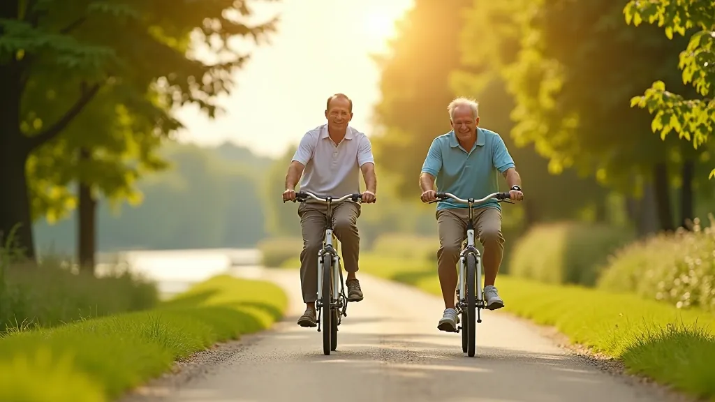 Seniori uz velosipēdiem mierīgi braucienā pa asfalta takas gar Lielupes krastu