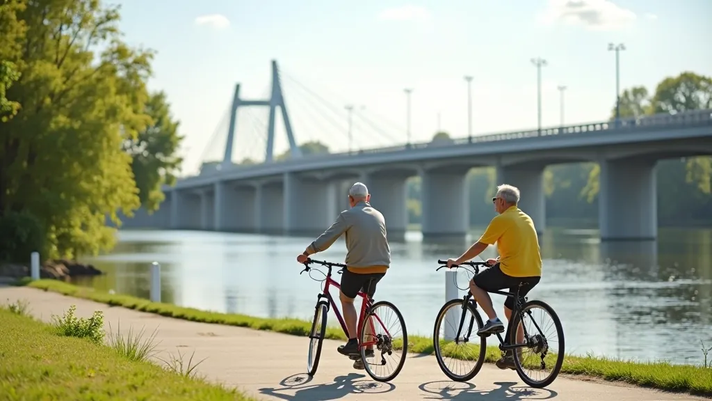 Divi seniori uz velosipēdiem pietura pie Lielupes krasta, skatienā modernā Jelgavas tilta